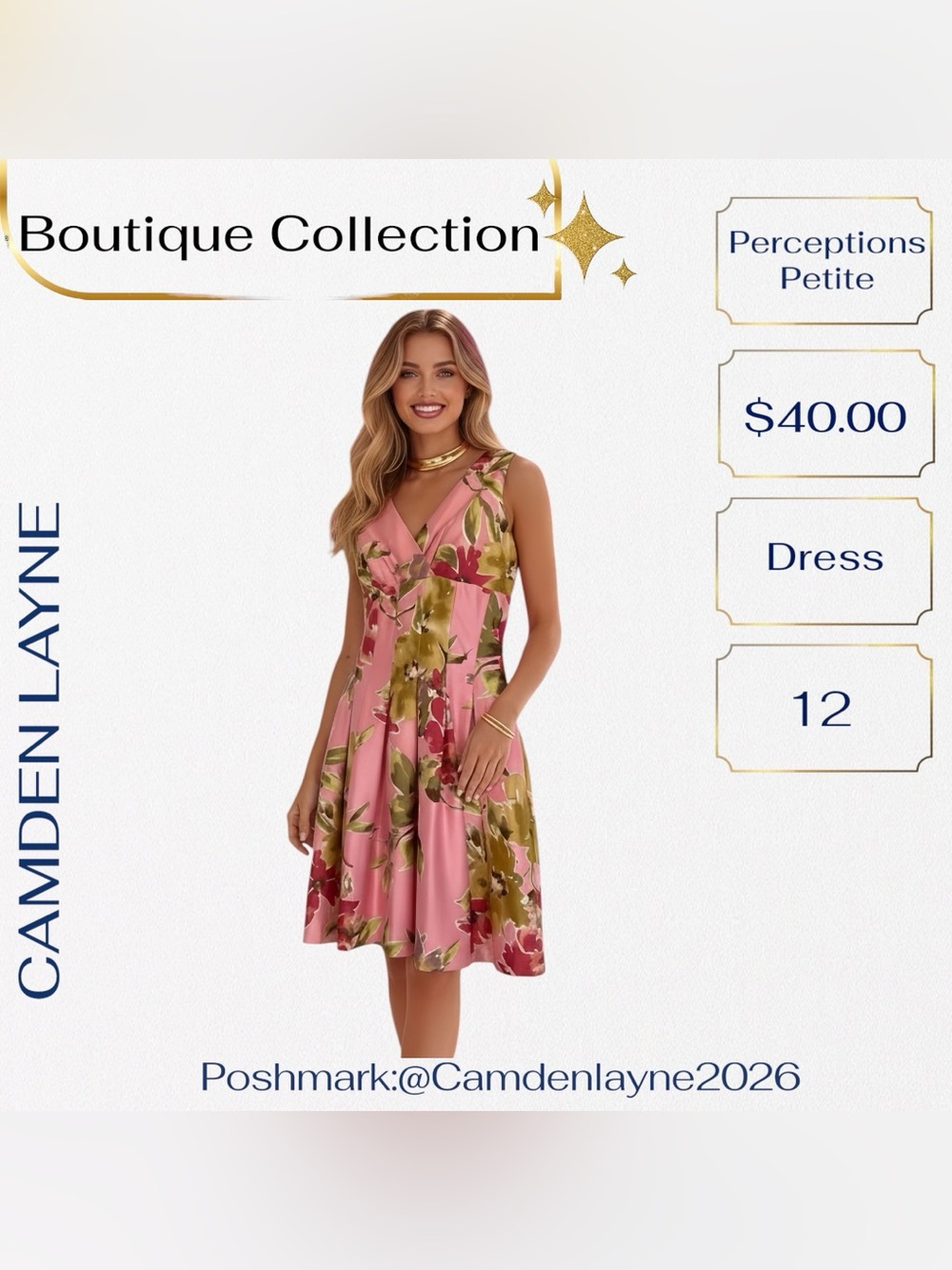 Perceptions Pink with Gold, Red and Green A-Line V-Neck Cocktail Dress - Picture 2 of 11